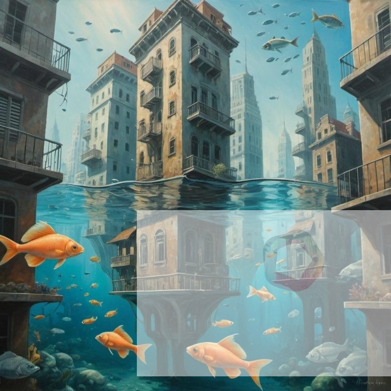 A surreal painting of an underwater city with fish swimming between ...